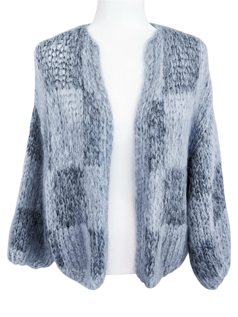 Maiami Mohair Knit Bomber Checkered Cardigan Size S/M Metallic Tinsel Blue Gray